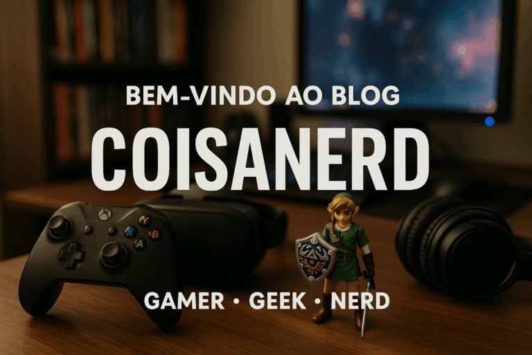 Arte digital em estilo neon gamer anunciando o lançamento do Coisa Nerd