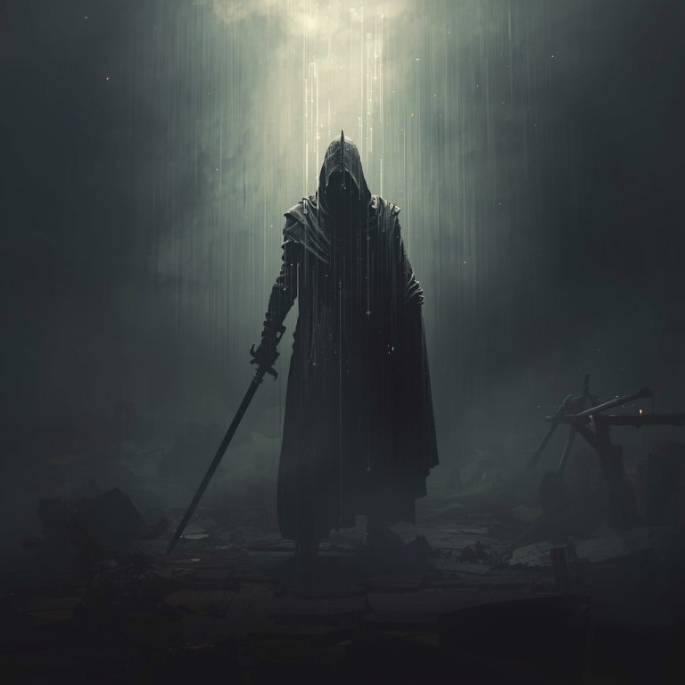 Ilustração editorial representando um universo de fantasia sombria com elementos mágicos e medievais.